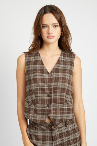 Pay Day Plaid Button Up Vest vest Emory Park DARK BROWN S 