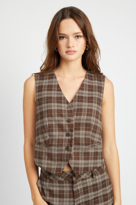 Pay Day Plaid Button Up Vest vest Emory Park DARK BROWN S 