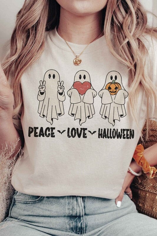 Peace Love Halloween Graphic Tee Halloween graphic tee Poet Street Boutique TAN S 