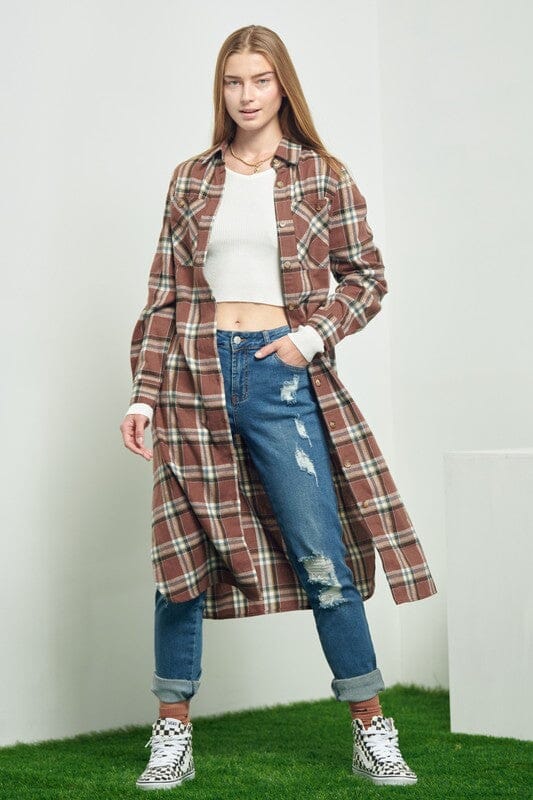 PLAID PRINT COLLAR LONG SHIRT DRESS Jade By Jane 