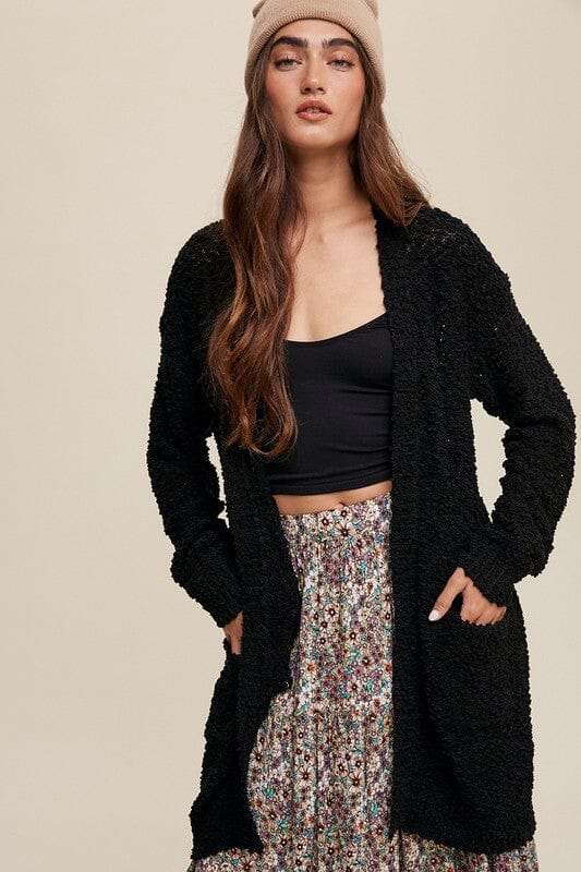 Popcorn Open Knit Cardigan Sweater Listicle Black S 