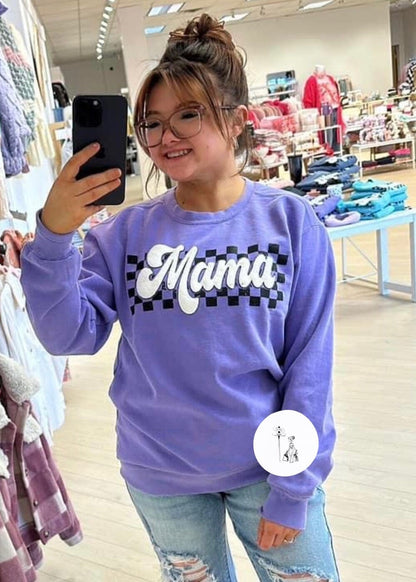 **PRE-ORDER** Checkered Mama Puff Print Sweatshirt Ships 1/24/24 graphic sweatshirt Poet Street Boutique Small Purple 