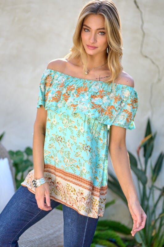 Printed Off Shoulder Smocked Top Davi & Dani 