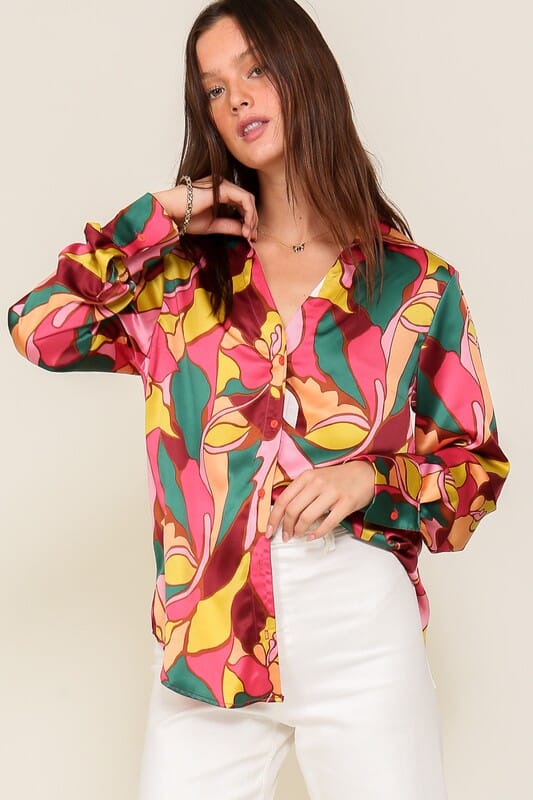 Retro Print Satin Blouse TIMING 