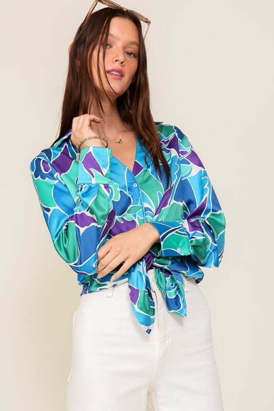 Retro Print Satin Blouse TIMING Blue Multi S 