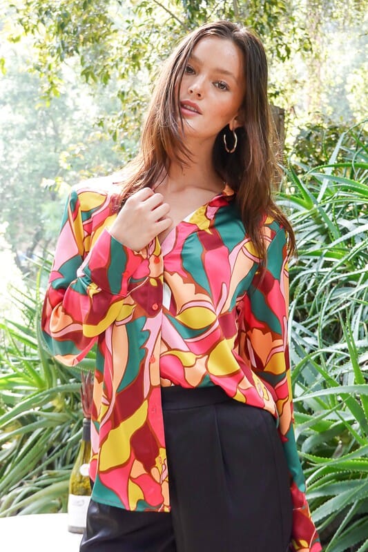 Retro Print Satin Blouse TIMING Pink Multi S 