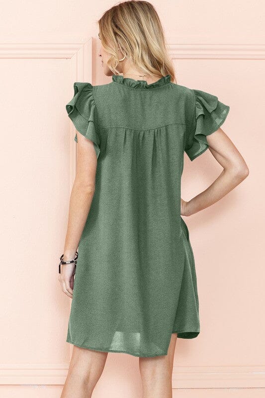 Ruffle Sleeve V neck Green, Black dress w/ pocket EG fashion 