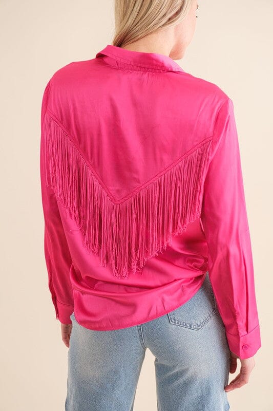 Satin Shirt Blouse with Chevron Fringe Blue B 