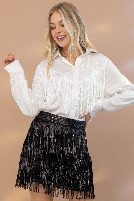 Satin Shirt Blouse with Chevron Fringe Blue B 