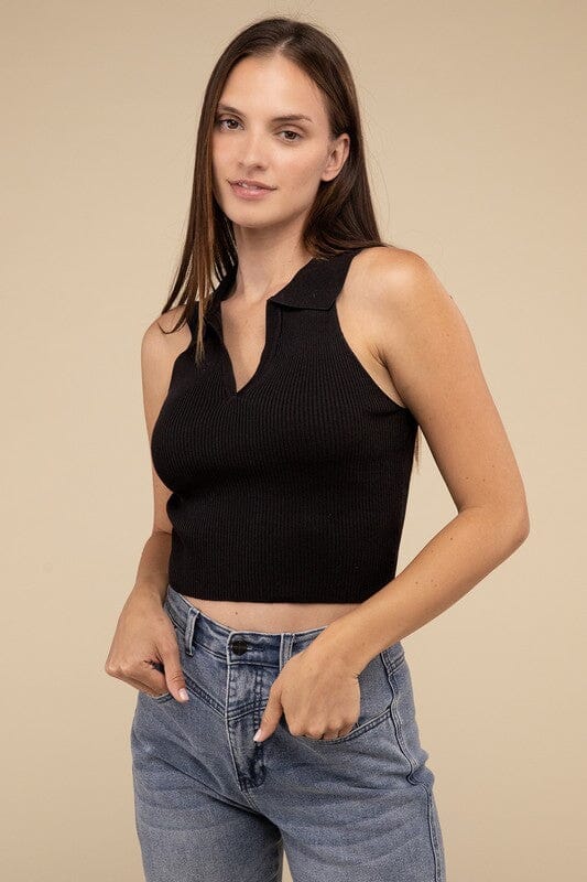 Sleeveless Collared Crop Knit Top HYFVE BLACK S 