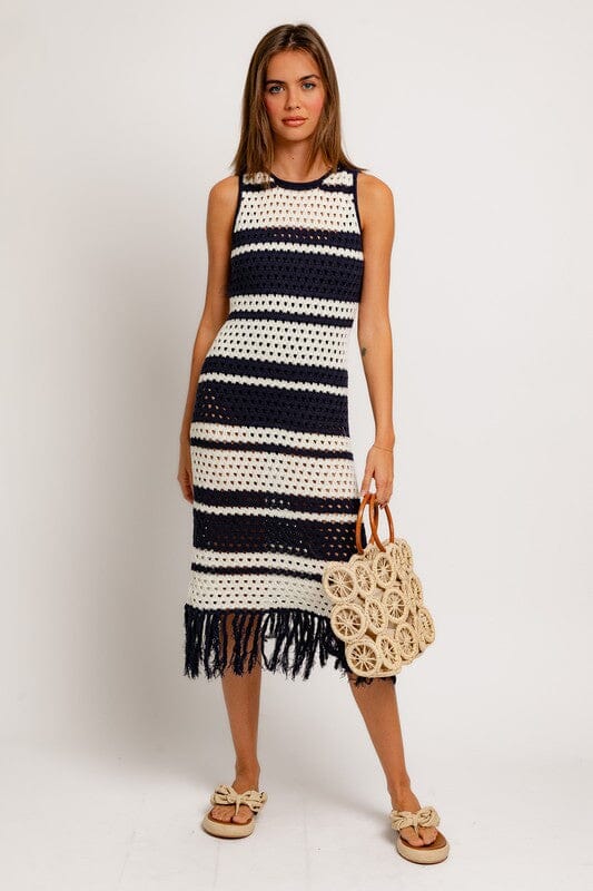 Sleeveless Crochet Effect Sweater Dress LE LIS WHITE-NAVY STRIPE XS 