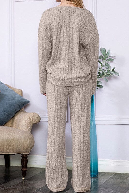 Slouchy Beige ribbed knit loungewear set EG fashion 