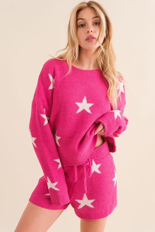 Soft Long Sleeve Star Top and Short Set short set Blue B Hot Pink S 