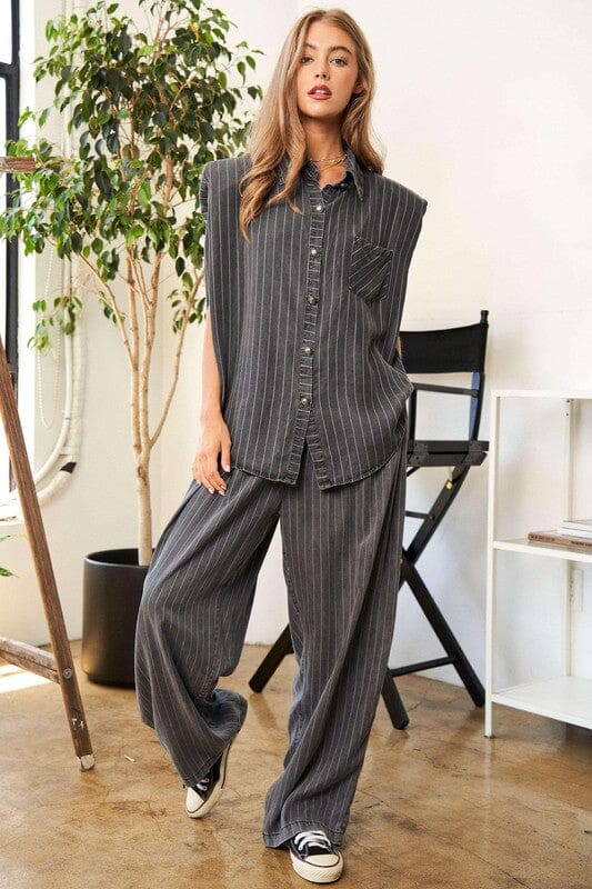 Stripe Button Down Shirt and Long Pants Set Davi & Dani 