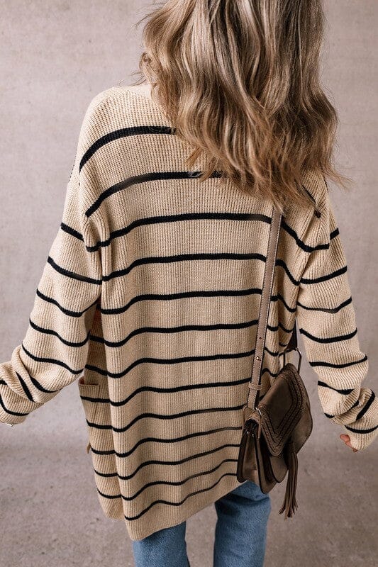 Stripe Side Pockets Open Front Cardigan SHEWIN INC. 