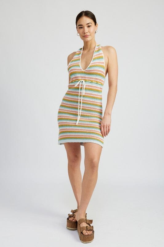 STRIPED CROCHET MINI DRESS WTIH HALTER NECK Emory Park 