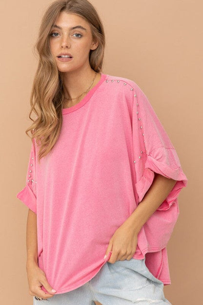 Studded Cotton Oversized High Low T Shirt Blue B Hot Pink S 