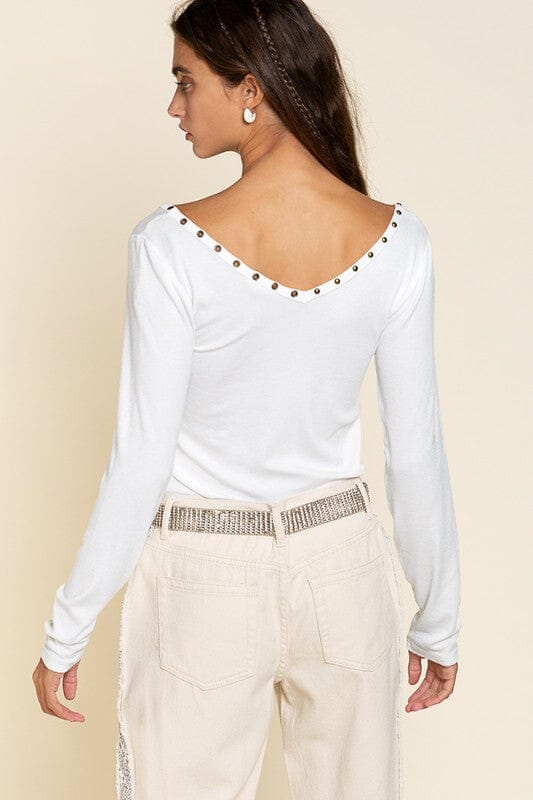 Studded Ribbed V-Neck Top POL 