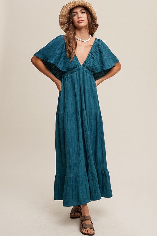 V-neck Ruffle Sleeve Flowy Vacation Dress Listicle Emerald Green S 