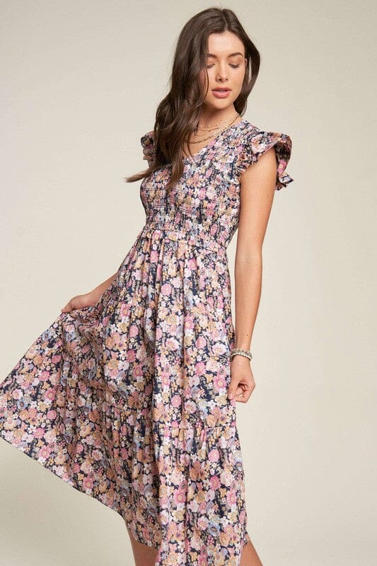 Vintage Garden Floral Flutter Smocking Midi Dress Davi & Dani 