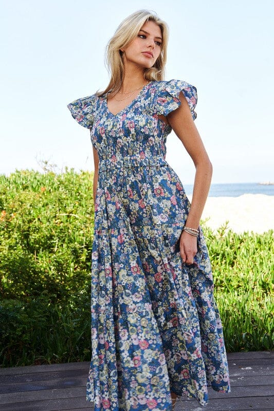 Vintage Garden Floral Flutter Smocking Midi Dress Davi & Dani 