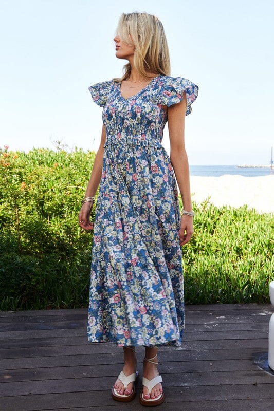 Vintage Garden Floral Flutter Smocking Midi Dress Davi & Dani 