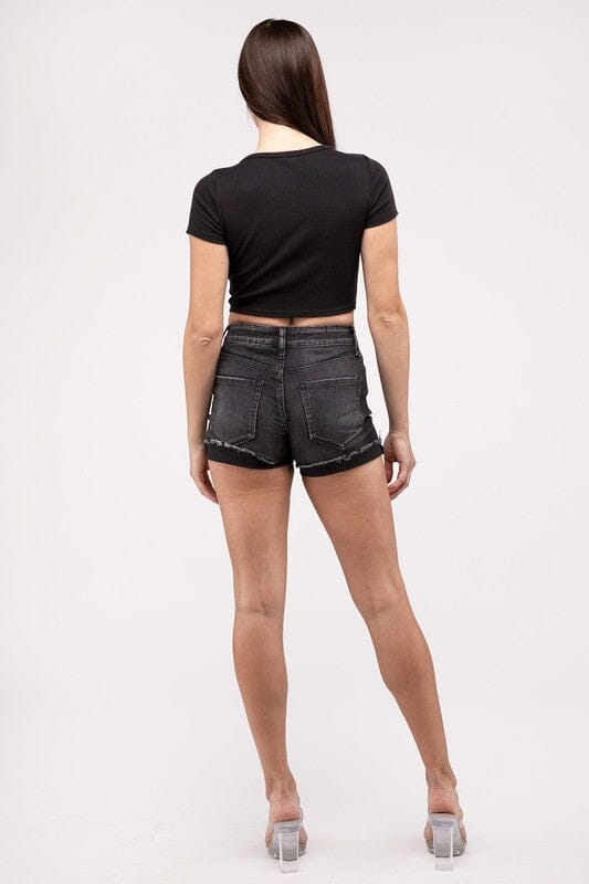 Washed Black Cuffed Raw Hem Denim Shorts ZENANA 