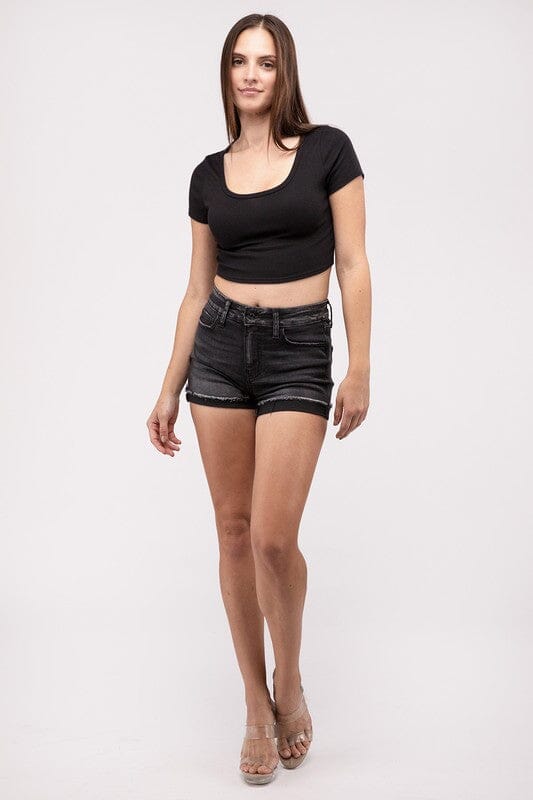 Washed Black Cuffed Raw Hem Denim Shorts ZENANA 