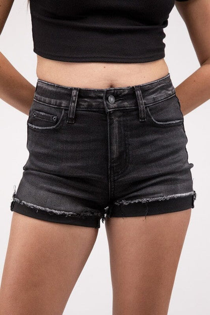 Washed Black Cuffed Raw Hem Denim Shorts ZENANA WASHED BLACK S 