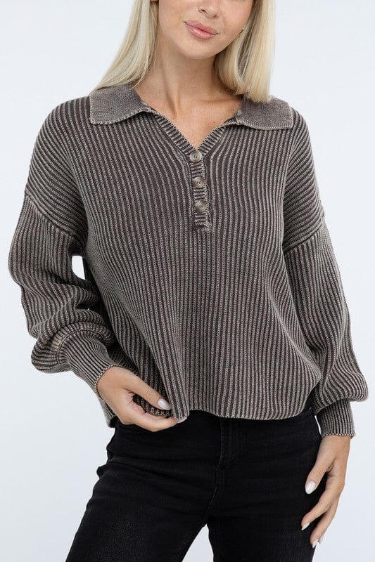 Washed Collared Henley Sweater ZENANA BROWN S 