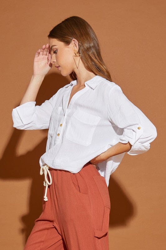 White V Neck Button Down Henley Shirt v neck blouse Mustard Seed 