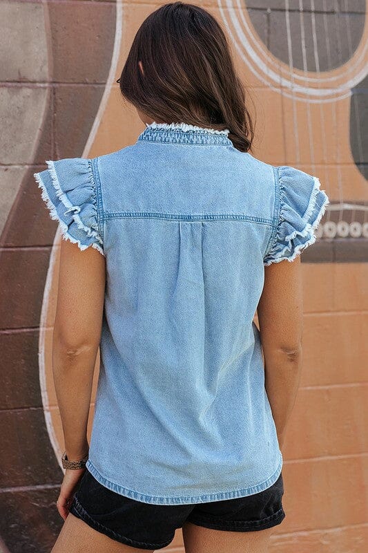 Women Ruffled Flutter Frayed Denim Top YNIQUE 