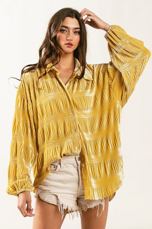 Wrinkle Effect Tiered Shirring Velvet Shirt BiBi MUSTARD S 