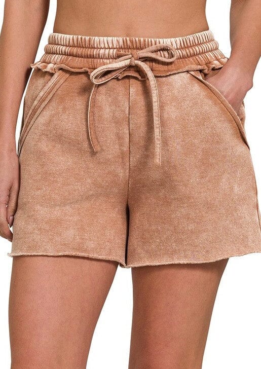 Zenana Acid Wash Fleece Drawstring Shorts washed drawstring shortd ZENANA RUST S 