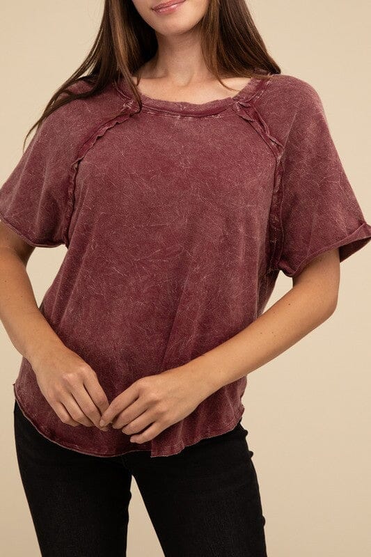 Zenana Crinkle Washed Raglan Sleeve T-Shirt crinkle t shirt ZENANA CABERNET S 