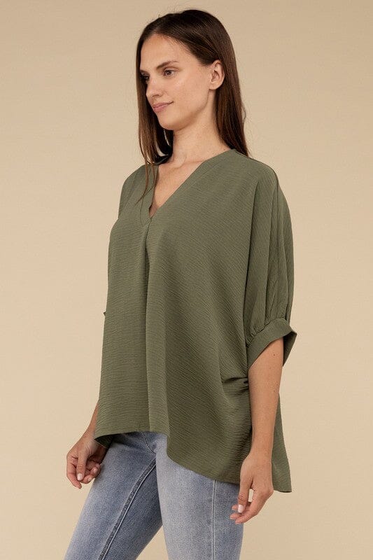 Zenana V-Neck Puff Half Sleeve Top flutter balloon sleeve blouse ZENANA 