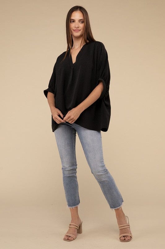 Zenana V-Neck Puff Half Sleeve Top flutter balloon sleeve blouse ZENANA 