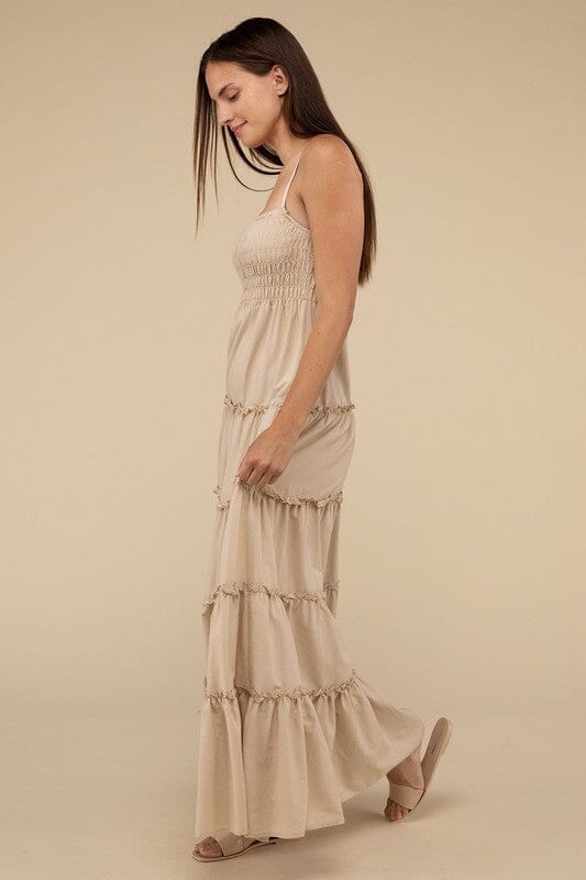 Zenana Woven Smocked Top Tiered Maxi Dress cami maxi dress ZENANA SAND BEIGE S 