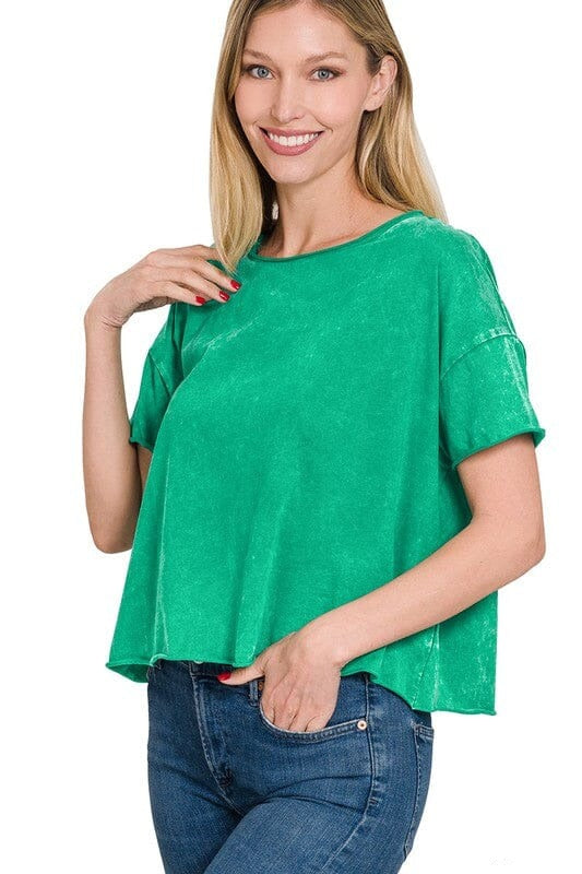 Acid Wash Raw Hem Crop Tee tee ZENANA K GREEN S/M 