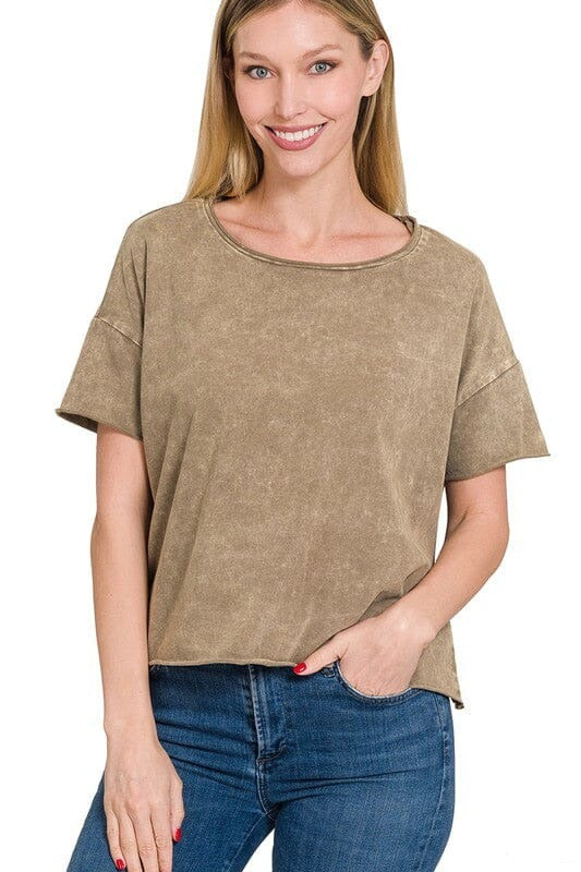 Acid Wash Raw Hem Crop Tee tee ZENANA MOCHA S/M 