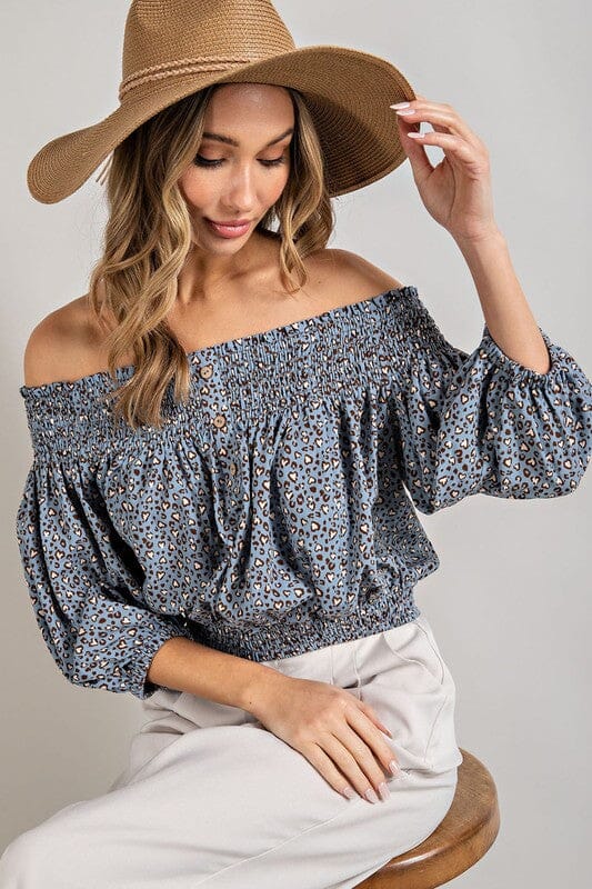 Animal Print Off Shoulder Top off shouler smocked top ee:some BLUE L 