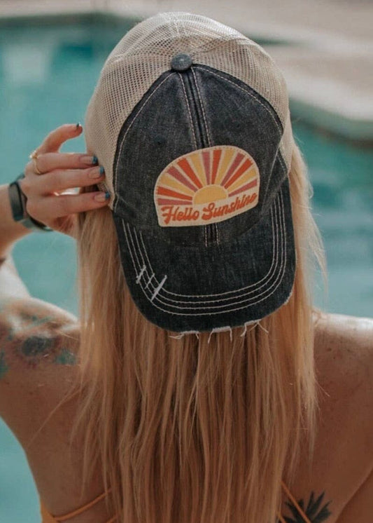 Hello Sunshine Distressed Baseball Hat baseball cap hat Poet Street Boutique 