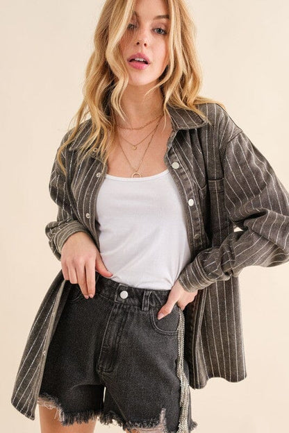 Sparkle Stone Stripe Denim Shacket denim shacket Blue B Charcoal S 