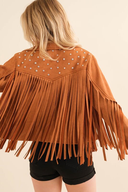 Studded Fringe Open Western Jacket studded jacket Blue B Camel S 