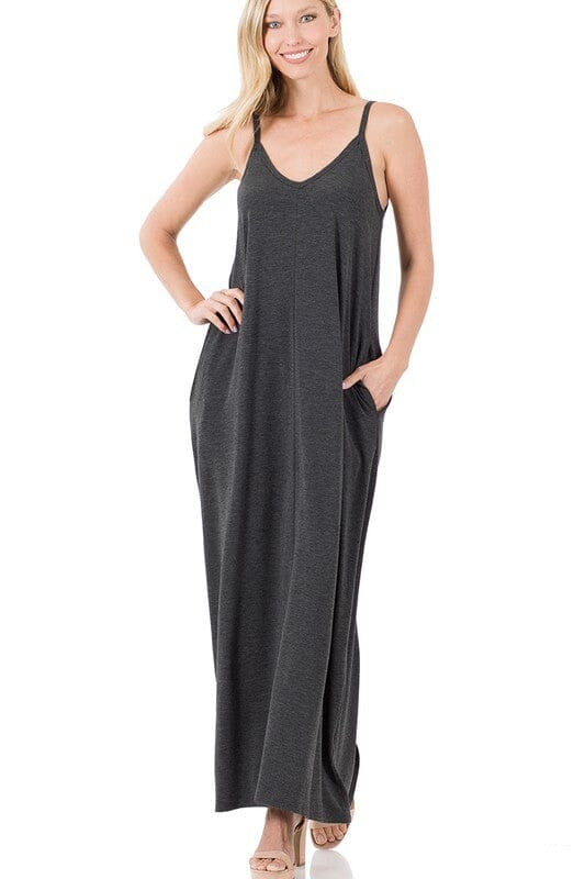 V-NECK CAMI MAXI DRESS WITH SIDE POCKETS ZENANA CHARCOAL S 