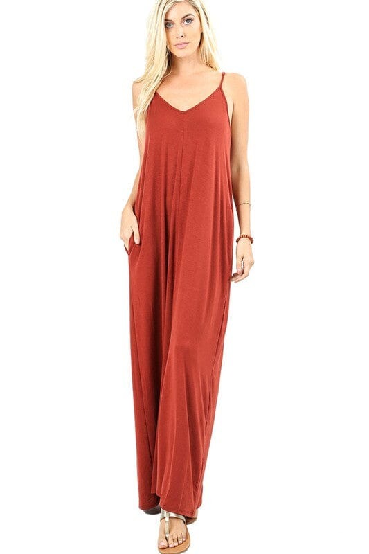 V-NECK CAMI MAXI DRESS WITH SIDE POCKETS ZENANA DK RUST S 