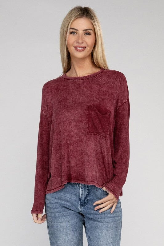 Washed Ribbed Dolman Sleeve Top ribbed washed shirt ZENANA CABERNET S/M 