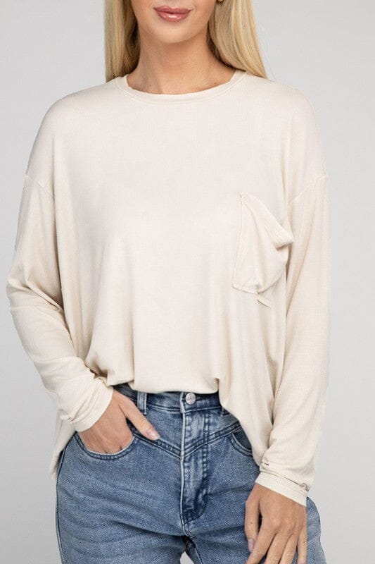 Washed Ribbed Dolman Sleeve Top ribbed washed shirt ZENANA SAND BEIGE S/M 